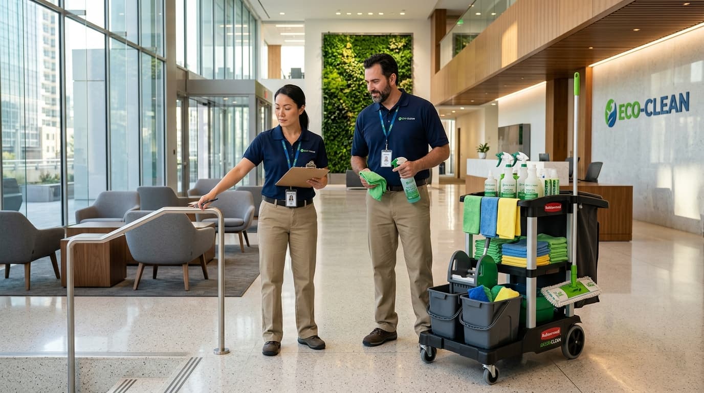 Uniformed PureSparkCleaner commercial janitorial technicians on site