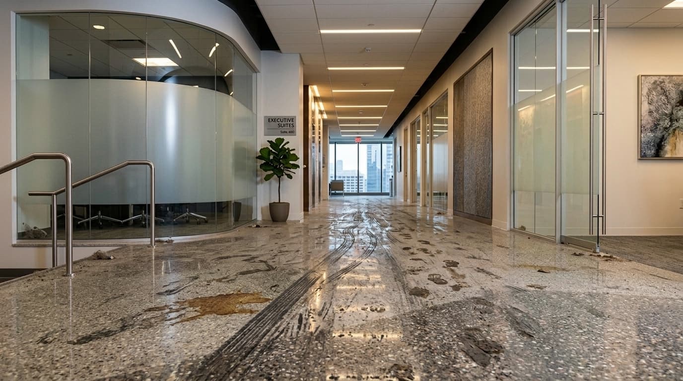 Dirty, scuffed, unpolished commercial hallway floor before cleaning
